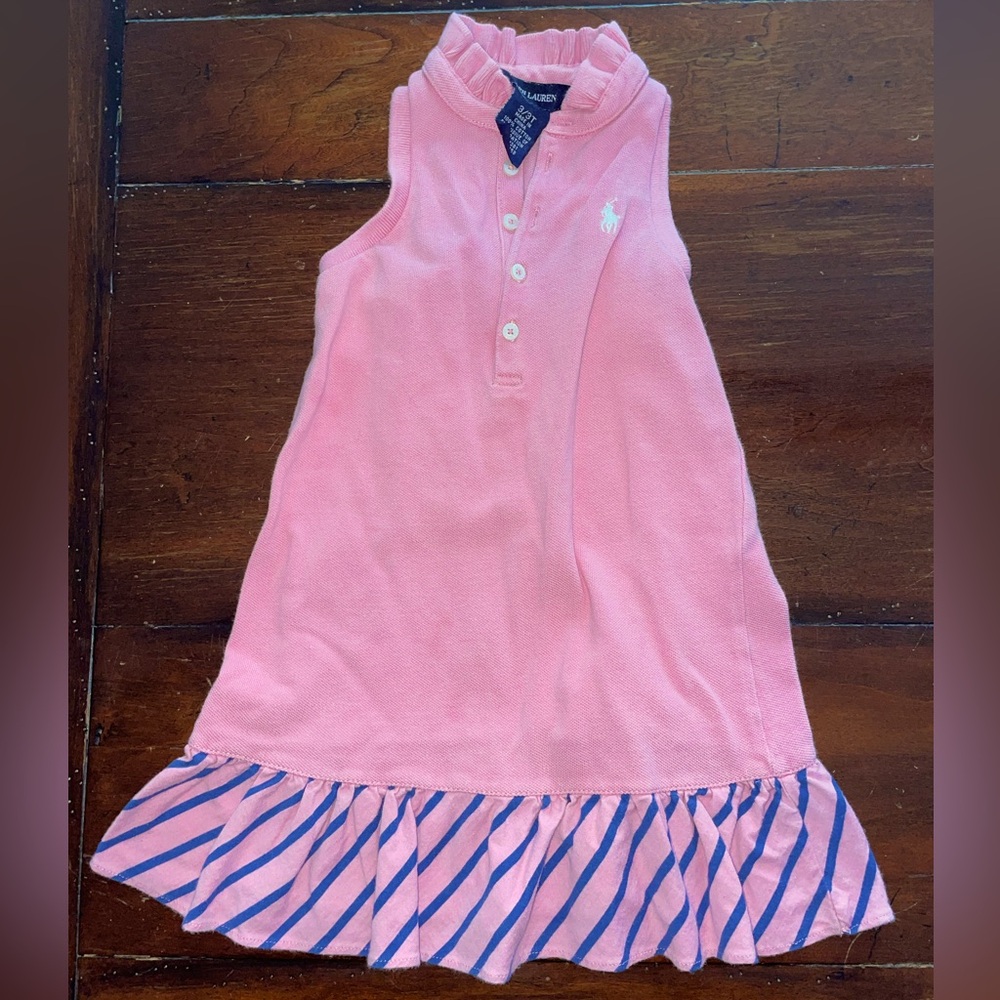 Ralph Lauren Pink Sleeveless Polo Dress with Navy Stripe Ruffle